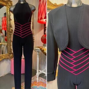 vintage 1980s black stretch jumpsuit and cropped jacket magenta chevron club xs